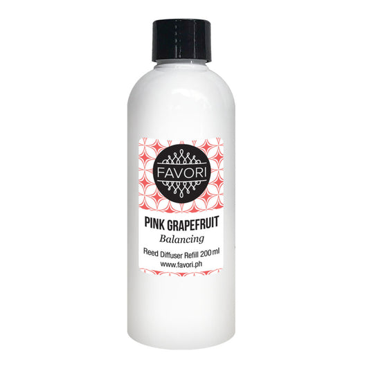 A bottle of FAVORI Scents Pink Grapefruit Reed Diffuser Refill (RDR) oil, 200ml.