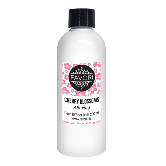 White bottle of FAVORI Scents Cherry Blossoms Reed Diffuser Refill (RDR) with pink floral design.