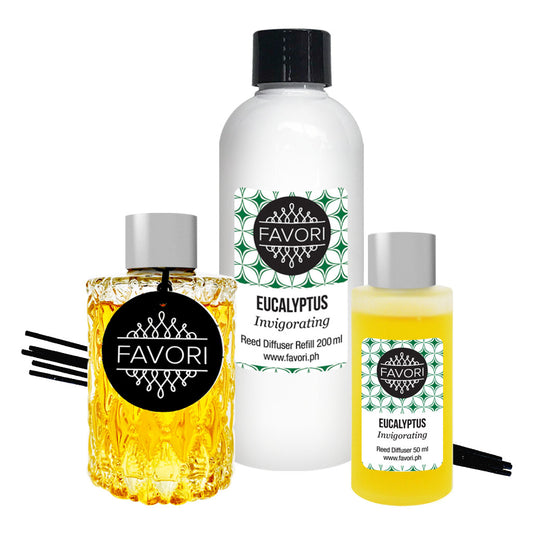 Three bottles of FAVORI Scents Eucalyptus Trio Reed Diffuser products including a reed diffuser, oil refill, and room spray with eucalyptus fragrance.