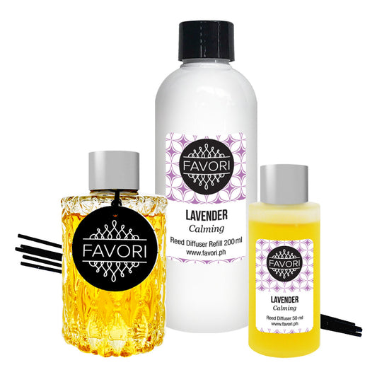 Aromatherapy set with a Lavender Trio Reed Diffuser (TRD), refill bottle, and Favori calming oil.