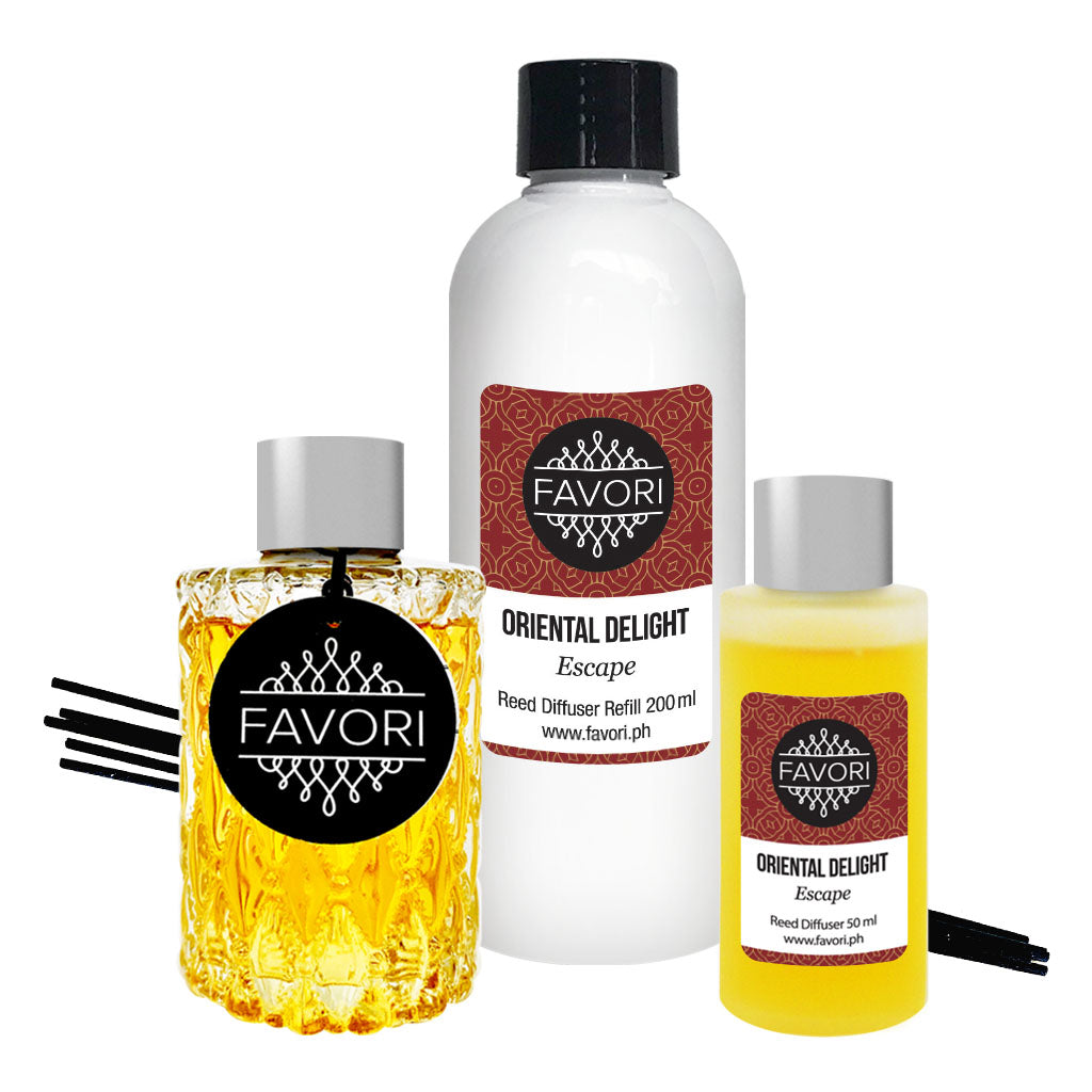 A set of FAVORI Scents Oriental Delight Trio Reed Diffuser (TRD), including a reed diffuser, refill oil, and a smaller bottle, with an 'oriental delight' scent.