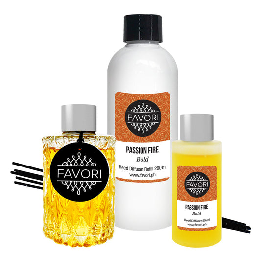 Three bottles of FAVORI Scents' Passion Fire Trio Reed Diffuser (TRD) products, including a reed diffuser and two refill bottles, with a passion fire bold scent.