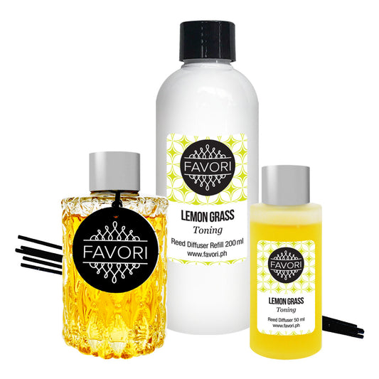 Assorted FAVORI Scents Lemon Grass Trio Reed Diffusers (TRD) including a reed diffuser, oil refill, and a spray bottle, all with lemongrass scent.