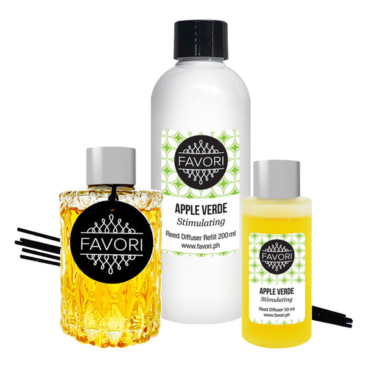 Collection of FAVORI Scents Apple Verde Trio Reed Diffuser products including a decorative diffuser, reed diffuser refill, and an aroma oil with reeds.