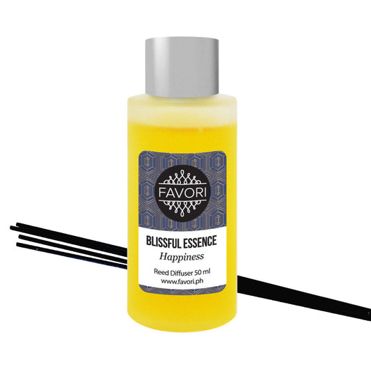 Yellow oil in a 50ml bottle labeled "FAVORI Blissful Essence Regular Reed Diffuser" with black reed diffuser sticks.