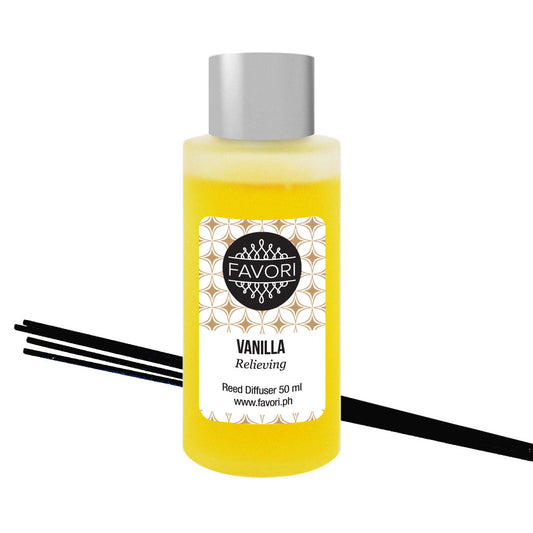 A bottle of FAVORI Scents Vanilla Regular Reed Diffuser (RRD) oil with black sticks.