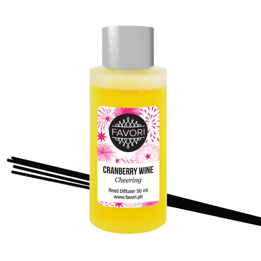 A bottle of Cranberry Wine Regular Reed Diffuser (RRD) with black sticks, a FAVORI Scents favorite for many.