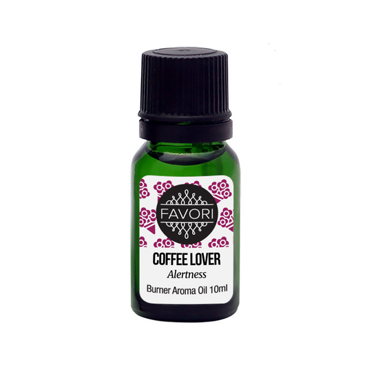 A 10ml bottle of FAVORI Scents Coffee Lover Burner Aroma Oil labeled for alertness.