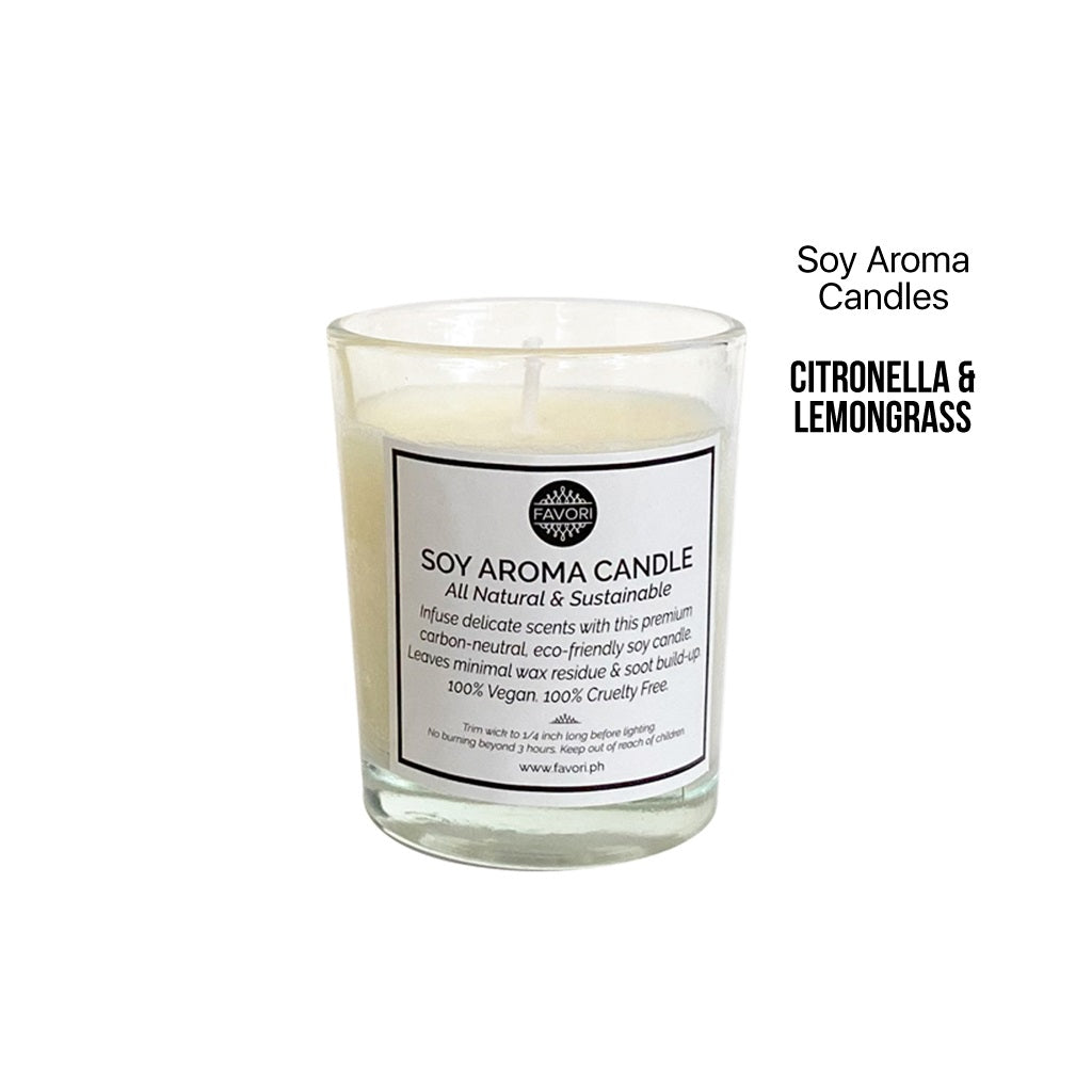 A Citronella & Lemongrass Soy Aroma Candle (SAC) with citronella and lemongrass oil scent, labeled as a natural and vegan-friendly FAVORI Scents.
