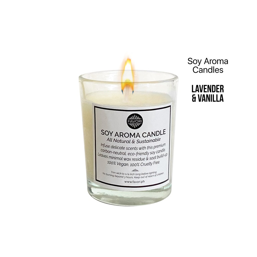 Lit Lavender & Vanilla Soy Aroma Candle by FAVORI Scents on white background.