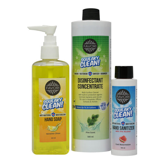Assorted FAVORI Scents Squeaky Clean Bundle including hand soap, disinfectant concentrate, and oil-infused hand sanitizer.