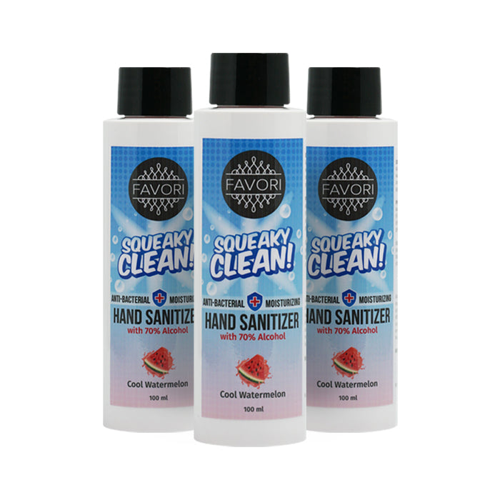 Three bottles of FAVORI Scents Squeaky Clean Hand Sanitizer Bundle with cool watermelon scent and 70% alcohol content, 100 ml each.