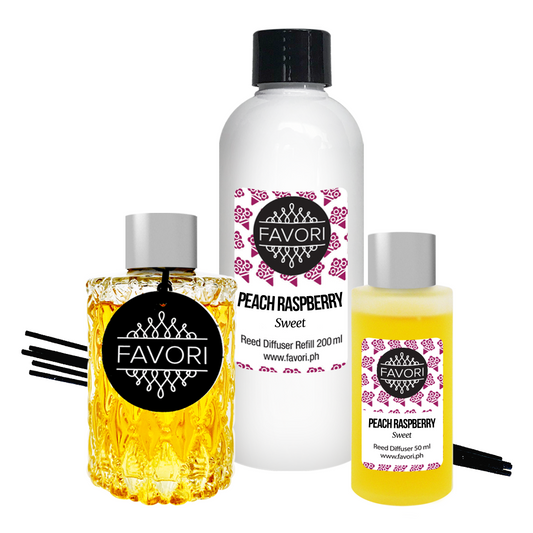 A set of three FAVORI Scents Peach Raspberry Trio Reed Diffuser (TRD) products, including a TRD, room spray, and scented oils.