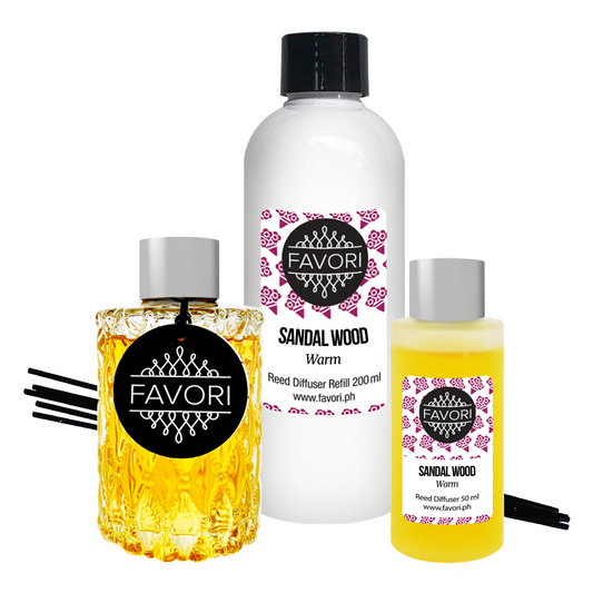 Three Sandal Wood Trio Reed Diffusers from FAVORI Scents, including a reed diffuser, room spray, and oil, arranged against a white background.