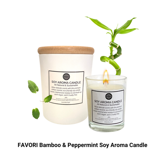 A lit FAVORI Scents Bamboo & Peppermint Soy Aroma Candle, with a labeled jar infused with a favorite oil.