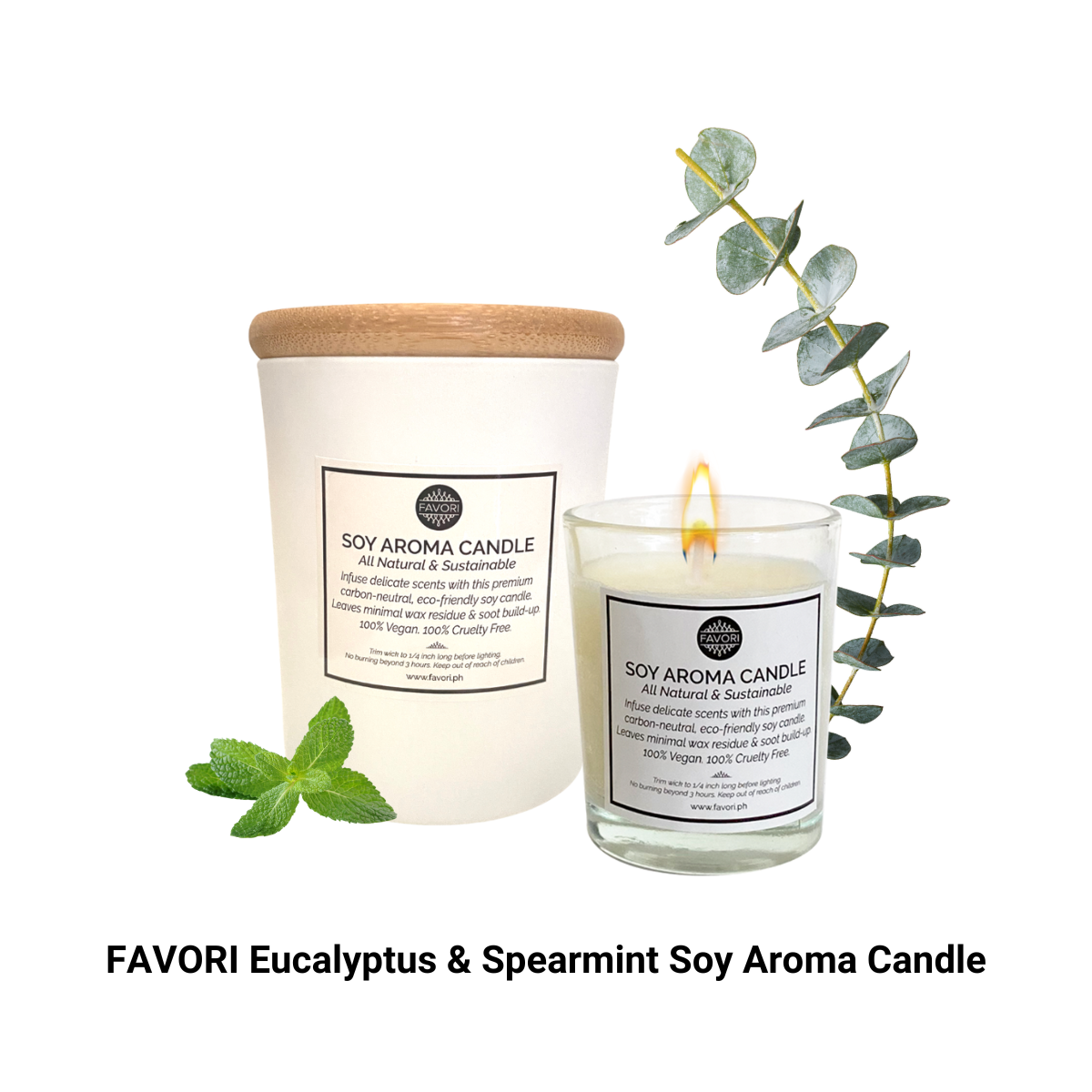 A FAVORI Scents Eucalyptus & Spearmint Soy Aroma Candle (SAC) with a sprig of eucalyptus and mint leaves against a white background, favoring oil infusions for an enhanced scent.