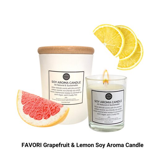 A Grapefruit & Lemon Soy Aroma Candle from FAVORI Scents, with a flame, accompanied by images of fresh grapefruit slices and a hint of favori oil.