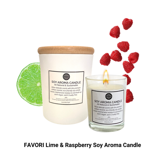 A Lime & Raspberry Soy Aroma Candle from FAVORI Scents, enhanced with favori oil.