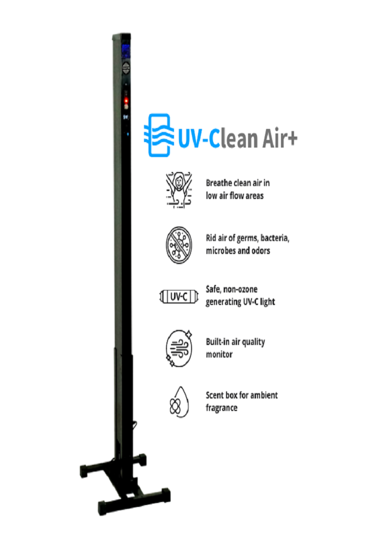 A portable UV-Clean Air Plus purifier stand designed to eliminate germs, bacteria, and odors, favoring non-ozone generating UV-C light and a built-in air quality monitor by FAVORI Scents.