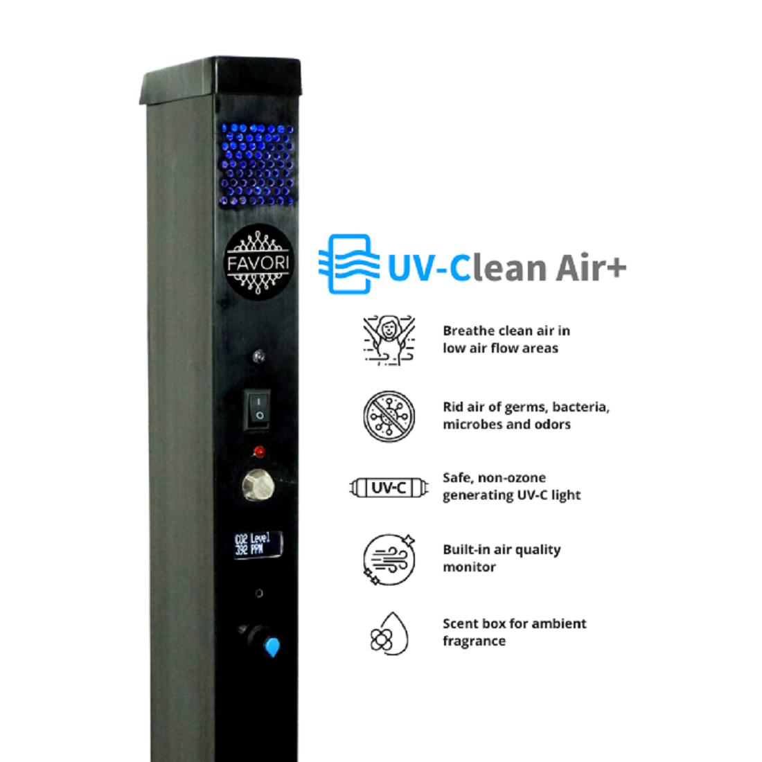 An UV-Clean Air Plus with uv-c light and built-in oil fragrance dispenser for indoor use by FAVORI Scents.