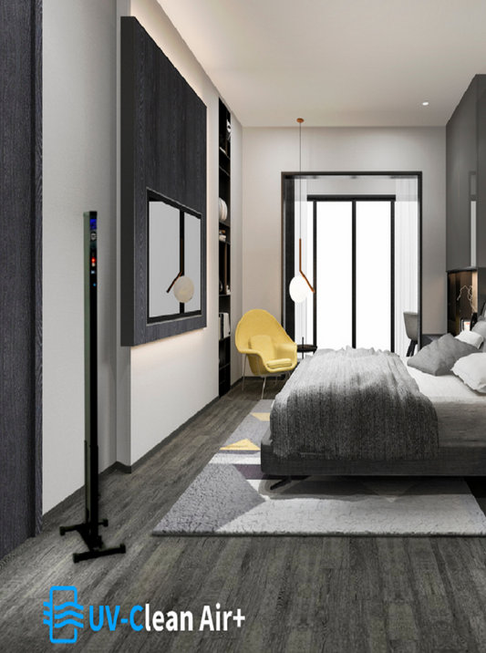 Modern bedroom with a contemporary design, featuring a UV-Clean Air Plus from FAVORI Scents and favori oil.