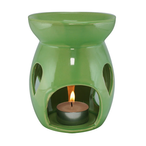 Green Ceramic Burner - Raindrop Design by FAVORI Scents, with a lit tealight candle.