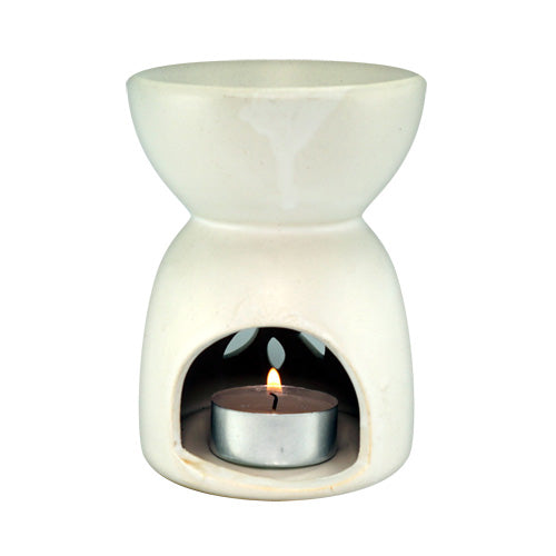 Ceramic oil burner with a lit tealight candle inside, now a FAVORI Scents Ceramic Burner - Santan Design (White) oil accessory.