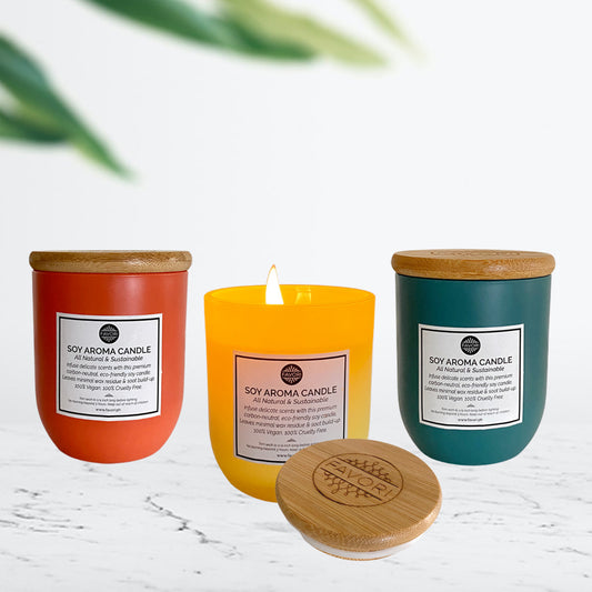 Three FAVORI Scents Soy Aroma Candles (160g) in different colors, presented in a gift package, with a wooden lid resting beside them.
