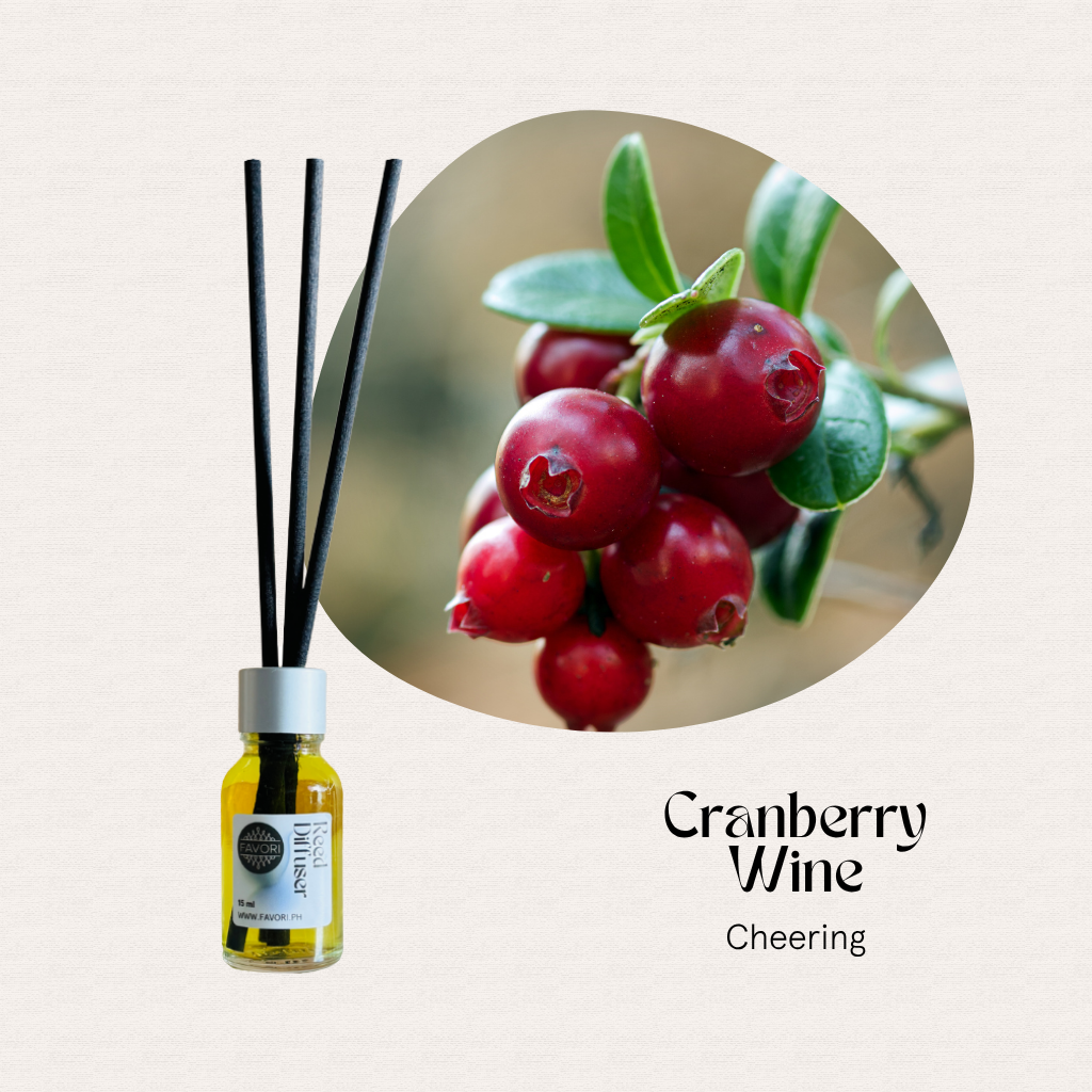 FAVORI Scents Mini Reed Diffusers (MRD), Cheering Cranberry Wine scent, with fiber sticks beside fresh cranberries.