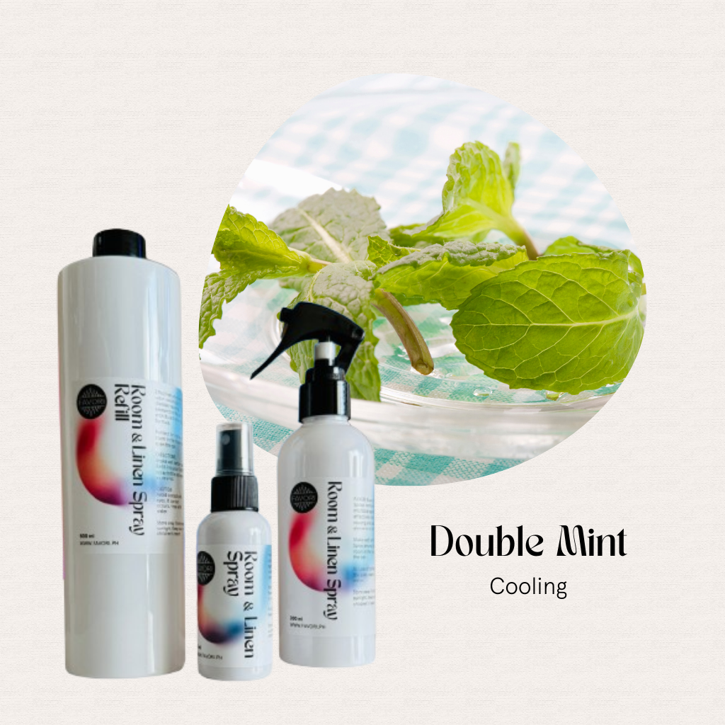 Three FAVORI Scents Trio – Regular Room & Linen Air Spray bottles beside mint leaves—a natural air freshener.