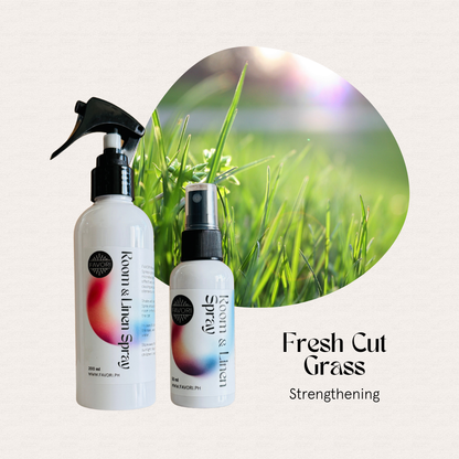 Two FAVORI Scents Regular Room & Linen Air Spray bottles beside fresh grass—eliminates odors effectively.