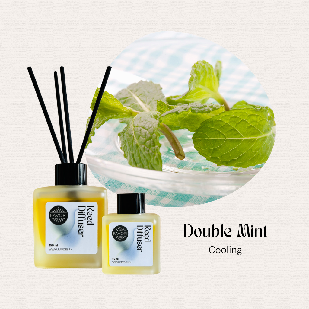 Two fiber reed sticks and mint leaves with Double Mint Regular Reed Diffuser by FAVORI Scents on the image.