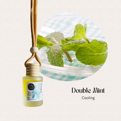 The FAVORI Scents Double Mint Hanging Aroma Diffuser (HAD) hangs on a cord; fresh mint leaves are nearby.