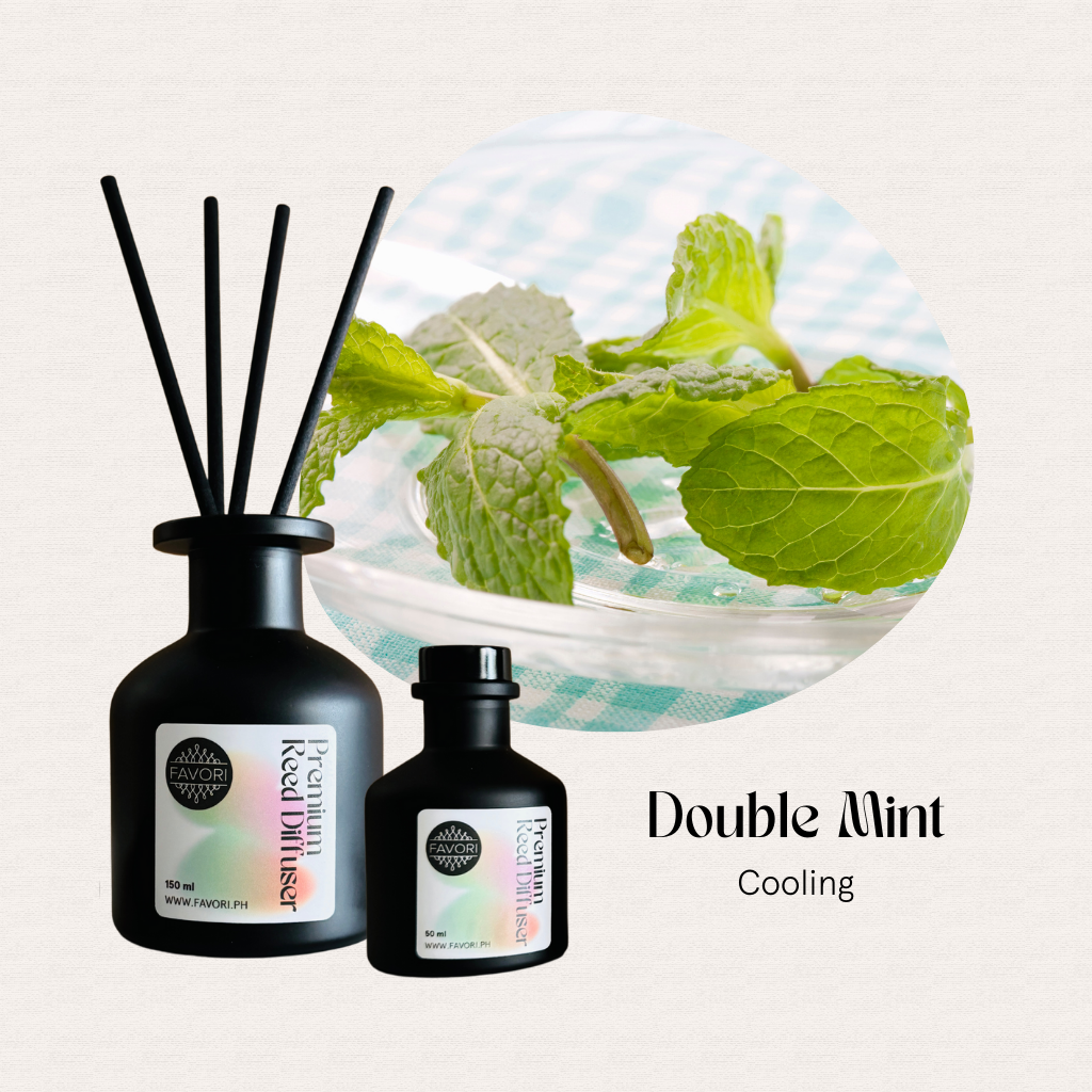 Black reed diffuser and oil by FAVORI Scents, Double Mint Premium Reed Diffuser with peppermint & spearmint.