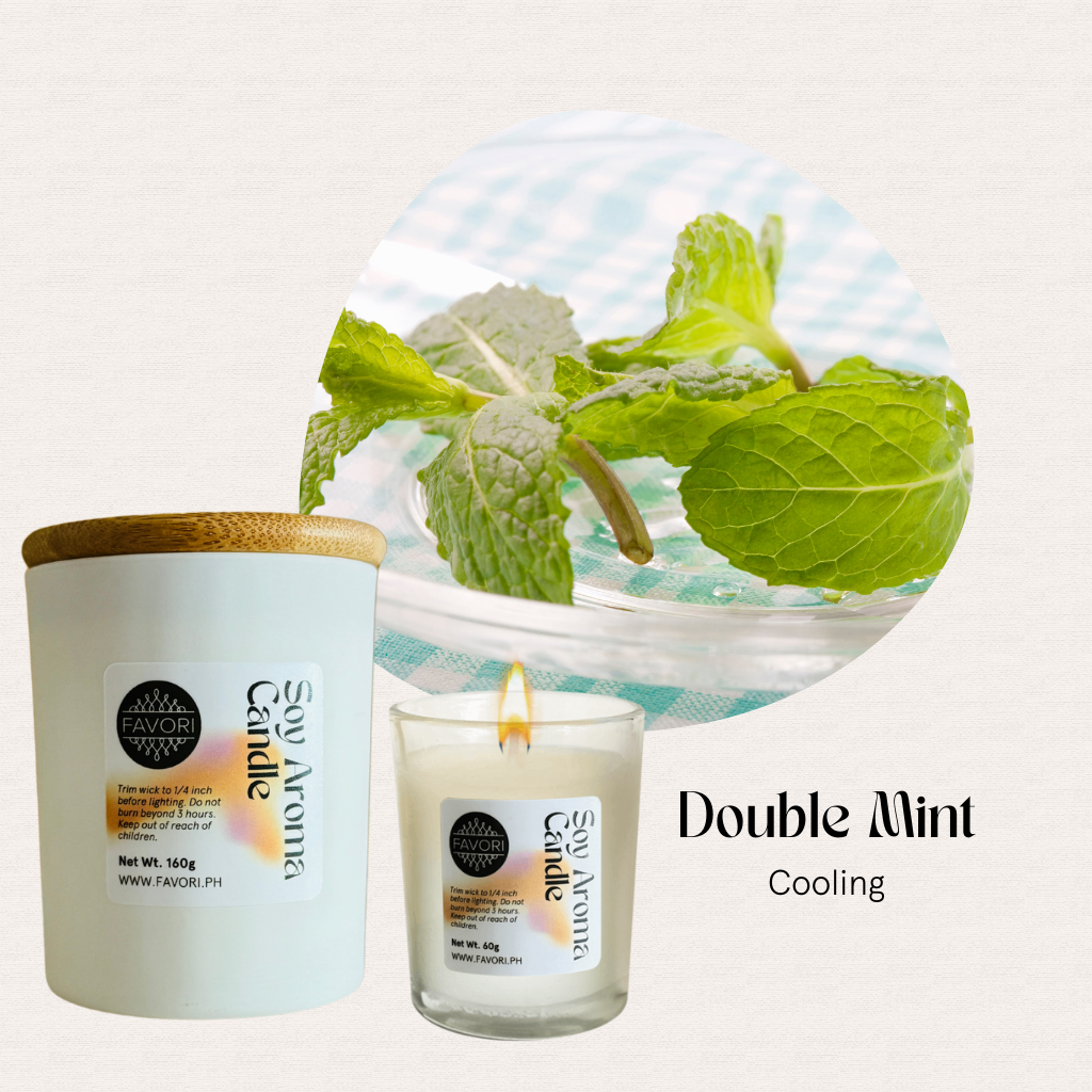 FAVORI Scents All Occasion soy candle with wooden lid, mint leaves, Double Mint Cooling scent. Eco-friendly.