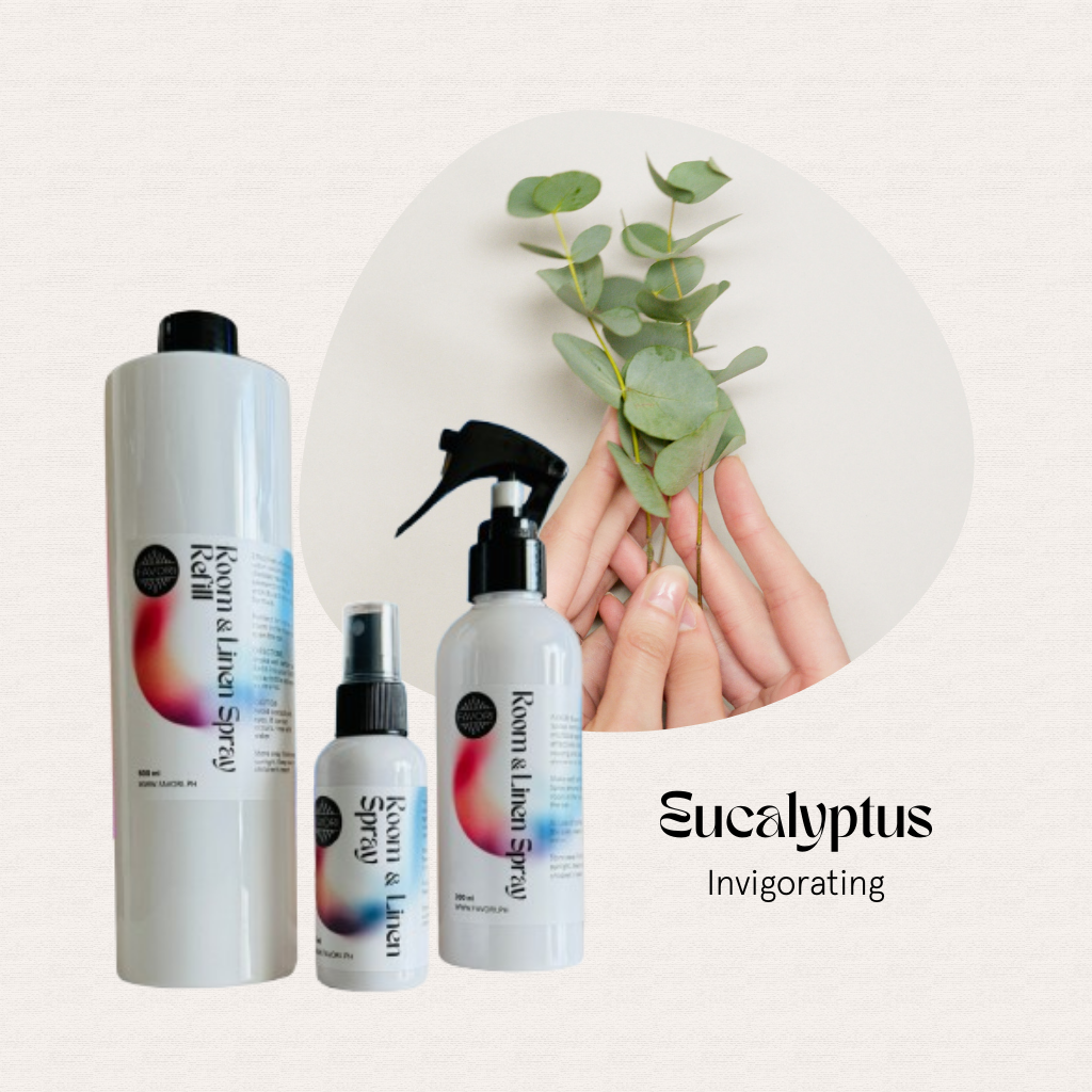 Three FAVORI Scents Trio Regular Room & Linen Air Spray bottles, eucalyptus-scented, for odor removal.