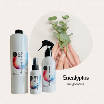 Three FAVORI Scents Trio Regular Room & Linen Air Spray bottles, eucalyptus-scented, for odor removal.