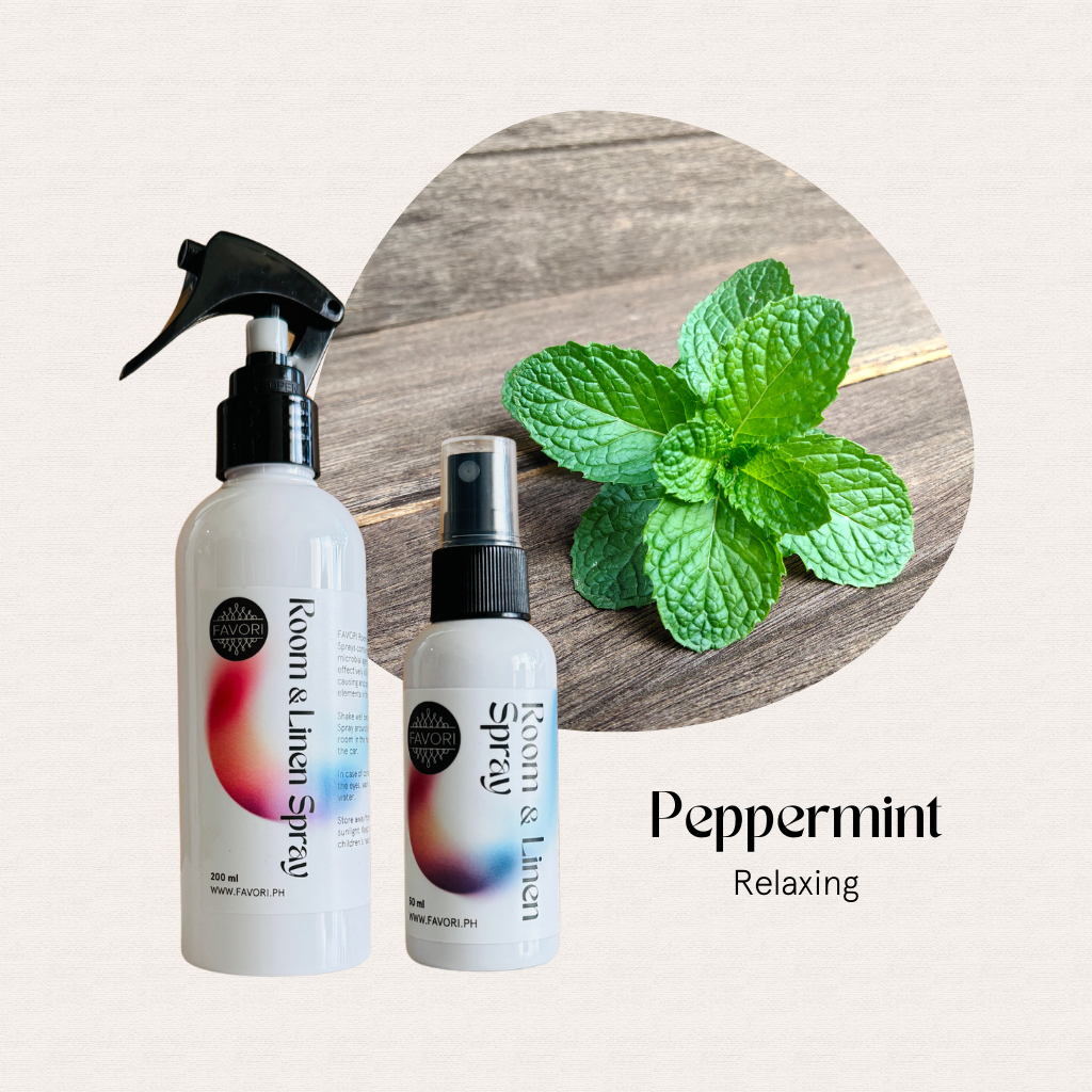 Two FAVORI Scents Regular Room & Linen Air Sprays beside a mint leaf, with the text Peppermint Relaxing.