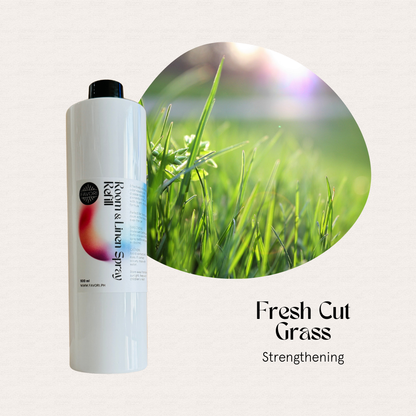 A FAVORI Scents Refill – Regular Room & Linen Air Spray 500ml sits beside sunlit green grass.