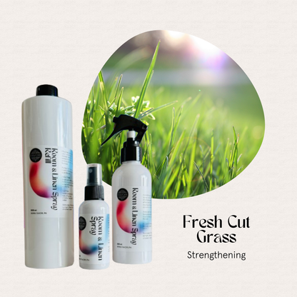 Three FAVORI Scents Trio Air Spray bottles labeled Regular Room & Linen before sunlit grass.