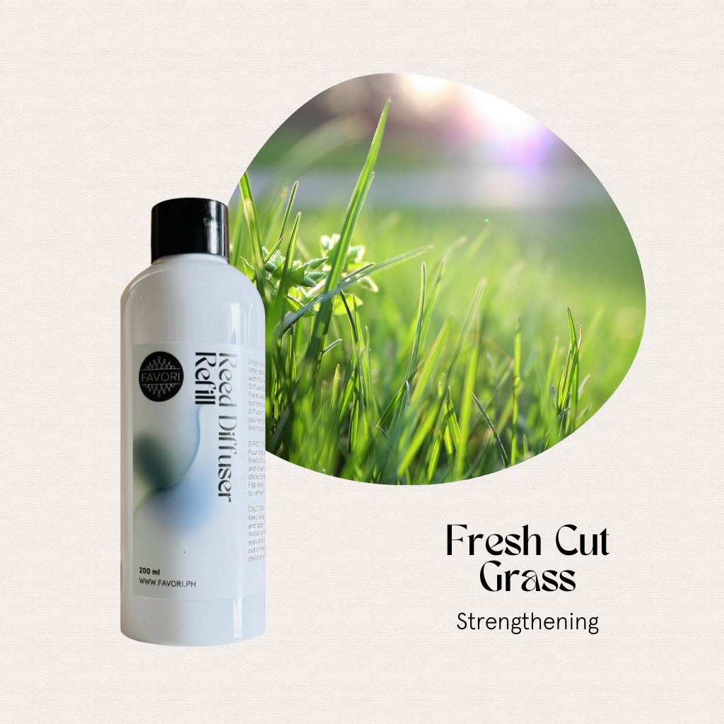 FAVORI Scents Fresh Cut Grass Reed Diffuser Refill (RDR) with fiber sticks evokes sunlit grass freshness.
