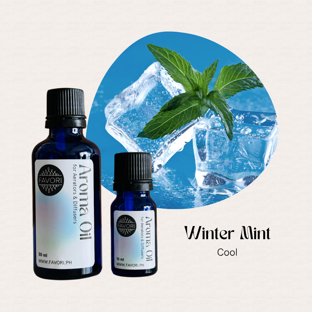 Two blue bottles of FAVORI Scents AD Aroma Oils, Winter Mint Cool scent with ice cubes and mint.