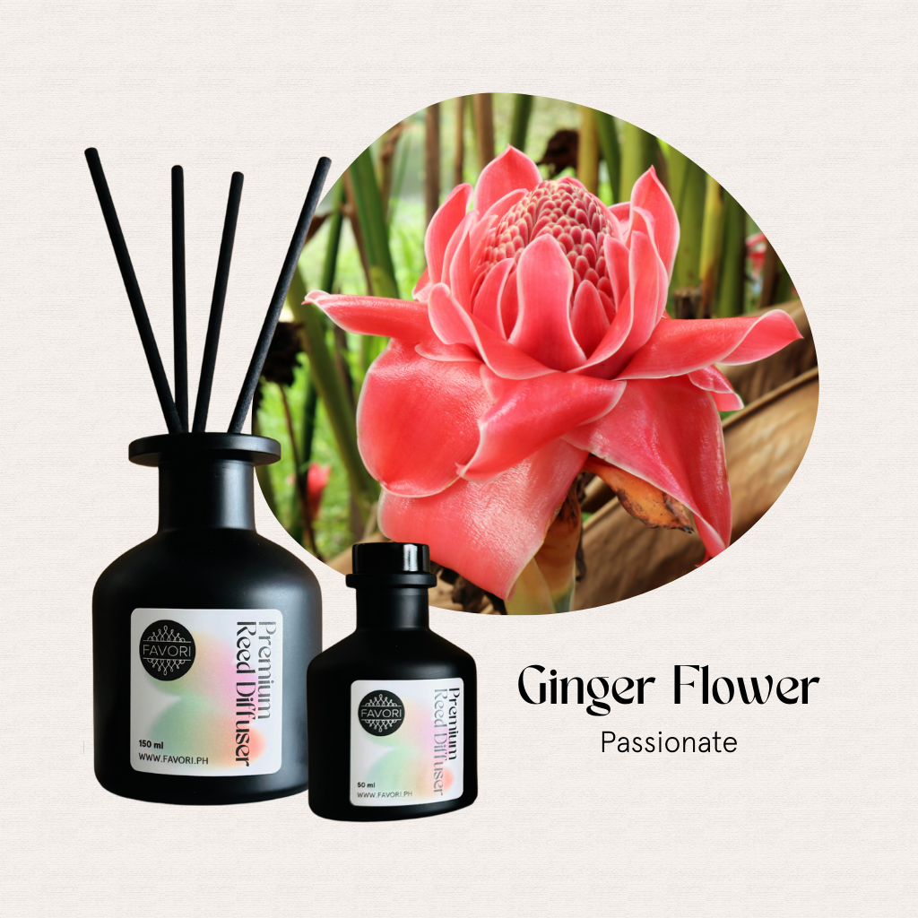 Two Ginger Flower Premium Reed Diffusers by FAVORI Scents sit beside a pink bloom, offering an exotic floral aroma.