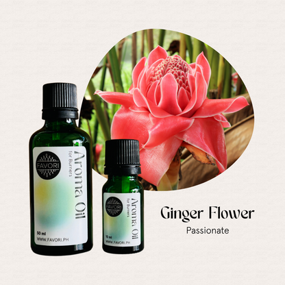 Two green FAVORI Scents Burner Aroma Oils beside a pink ginger flower with Ginger Flower Passionate text.