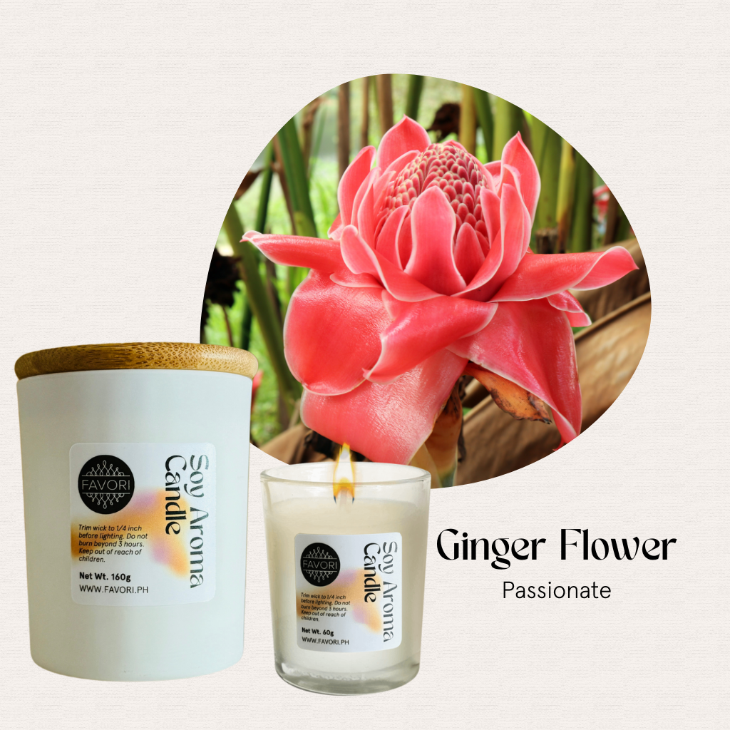 A pink ginger flower beside two FAVORI Scents All Occasion candles: Ginger Flower and Passionate.