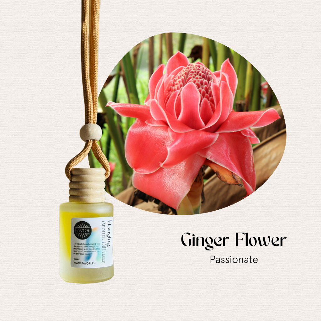 A pink ginger flower with a FAVORI Scents HAD hanging car diffuser bottle labeled Passionate below.