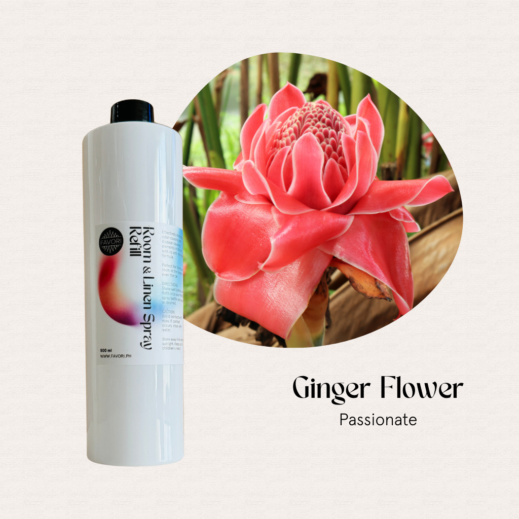 FAVORI Scents Refill – Regular Room & Linen Air Spray 500ml beside a pink ginger flower, “Ginger Flower Passionate.”.