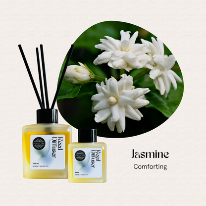 Two FAVORI Scents Jasmine Regular Reed Diffusers with blooming white jasmine, known for anti-microbial properties.