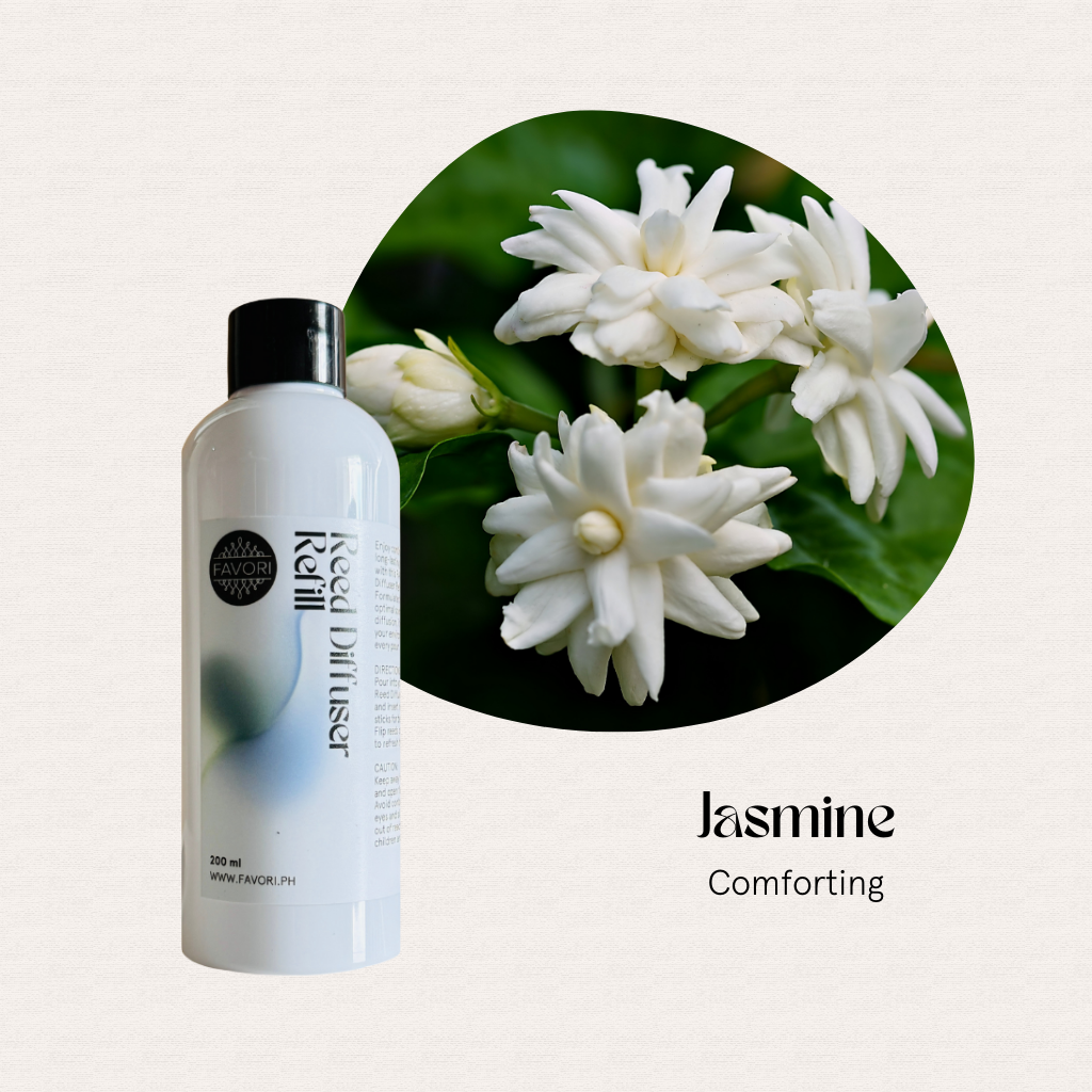 FAVORI Scents Jasmine Reed Diffuser Refill (RDR) with fiber sticks beside blooming white jasmine flowers.
