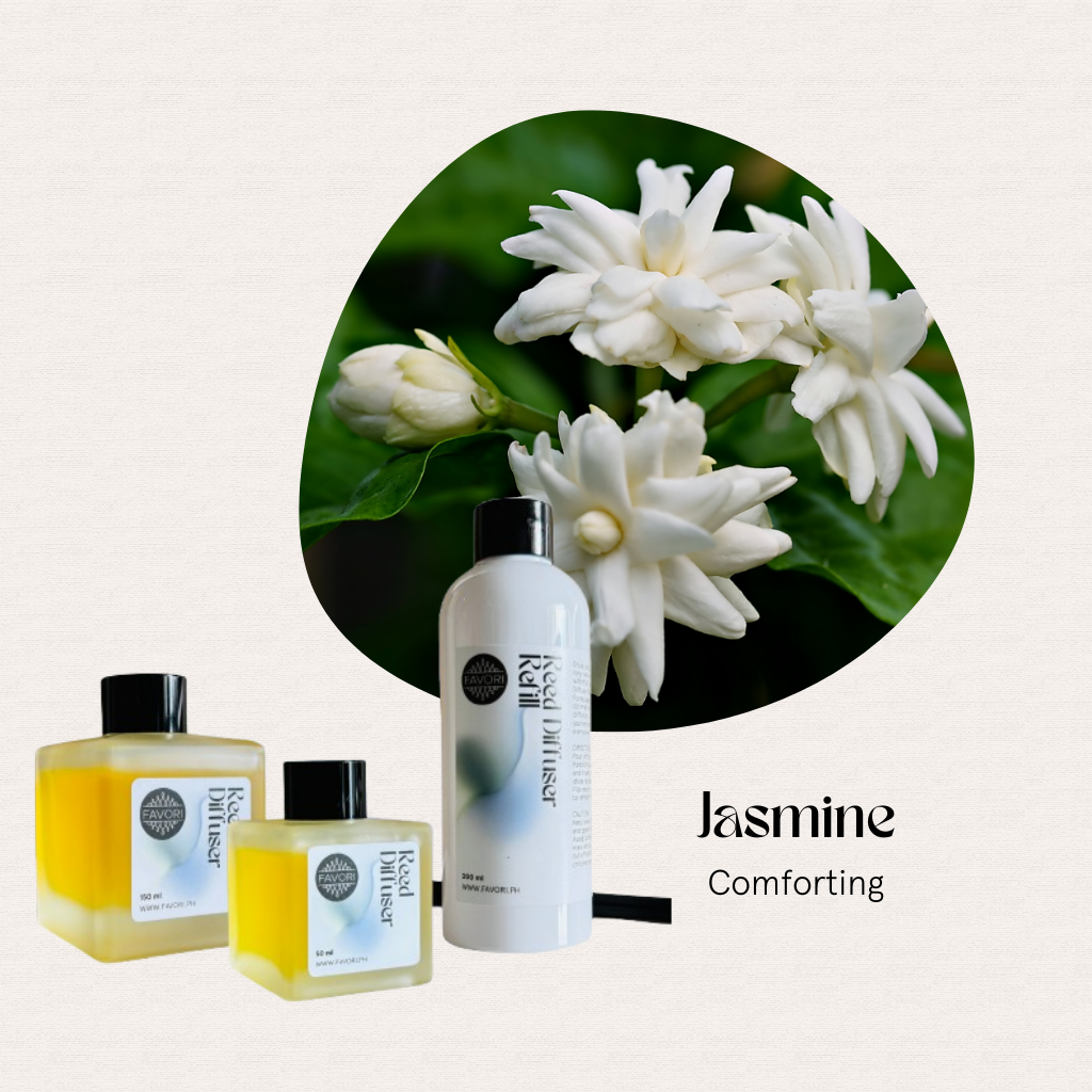 Jasmine flowers with three bottles; text: FAVORI Scents Jasmine Trio Reed Diffuser—anti-microbial aroma oil.